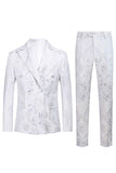 Blanc Floral Jacquard Peak Revers Hommes Costumes de bal