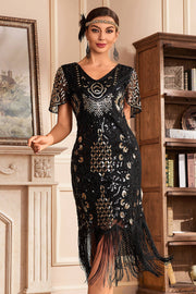 Black Golden V Col Frange 1920s Gatsby Robe avec paillettes