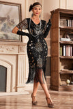 Black Golden V Col Frange 1920s Gatsby Robe avec paillettes