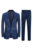 Peak Lapel Jacquard Bleu Foncé Costumes De Fête De Mariage Pour Hommes