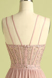 Robe de bal longue Corset en tulle gaine rose bretelles spaghetti longue avec fente