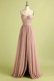 Robe de bal longue Corset en tulle gaine rose bretelles spaghetti longue avec fente