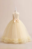 Champagne Tulle Une ligne Robe fille avec broderie