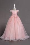 Tulle Bateau Cou Rose Robes De Filles avec Appliques