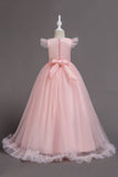 Tulle Bateau Cou Rose Robes De Filles avec Appliques