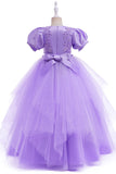 Tulle Puff Manches Bleu Clair Robe Fille Fleur Avec Appliques