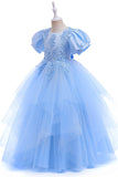 Tulle Puff Manches Bleu Clair Robe Fille Fleur Avec Appliques