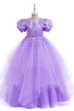 Tulle Puff Manches Bleu Clair Robe Fille Fleur Avec Appliques