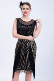 Robe Flapper Paillettes Paillettes Noires avec Franges