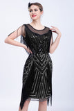 Robe Flapper Paillettes Paillettes Noires avec Franges