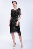 Robe Flapper Paillettes Paillettes Noires avec Franges