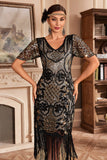 Black Golden V Col Frange 1920s Gatsby Robe avec paillettes