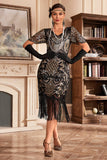 Black Champange V Col Frange 1920s Robe Gatsby avec paillettes