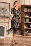 Black Golden V Col Frange 1920s Gatsby Robe avec paillettes