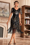 Black Golden V Col Frange 1920s Gatsby Robe avec paillettes