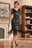 Black Golden V Col Frange 1920s Gatsby Robe avec paillettes