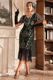 Black Golden V Col Frange 1920s Gatsby Robe avec paillettes