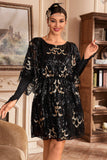 Robe Flapper Paillettes Noires avec manches Batwing