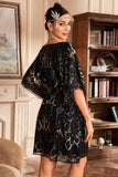 Robe Flapper Paillettes Noires avec manches Batwing