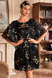 Robe Flapper Paillettes Noires avec manches Batwing