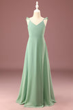 A-line Long Chiffon Matcha V-col Spaghetti Sangles Junior Bridesmaid Robe