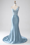 Gris bleu sirène bretelles spaghetti longue robe de bal perlée avec appliques