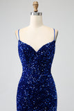 Élégante sirène bleu royal bretelles spaghetti velours sequin longue robe de bal