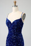Élégante sirène bleu royal bretelles spaghetti velours sequin longue robe de bal