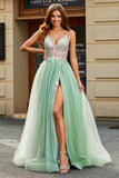 Robe de bal en Tulle perlé vert clair à col en V à col en V avec fente