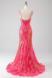 Robe de bal sirène fuchsia scintillante avec paillettes