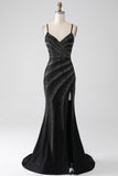 Sirène perlé noir robe de bal avec fente