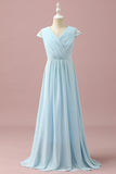 Robe de demoiselle d’honneur junior en dentelle bleu clair et chiffon col en V