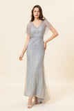 Robe de soirée longue perlée perlée de sirène gris scintillant