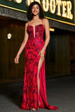 Élégante sirène bretelles spaghetti corset rouge foncé robe de bal avec fente devant
