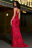 Élégante sirène bretelles spaghetti corset rouge foncé robe de bal avec fente devant