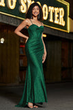 Robe de bal corset vert foncé à bretelles spaghetti sirène élégante avec fente devant