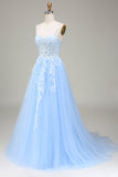 Tulle A-ligne Spaghetti Bretelles Bleu Ciel Robe de bal avec Appliques