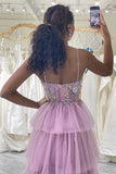 Mauve A Line Appliques Long Corset Tiered Prom Dress With Slit