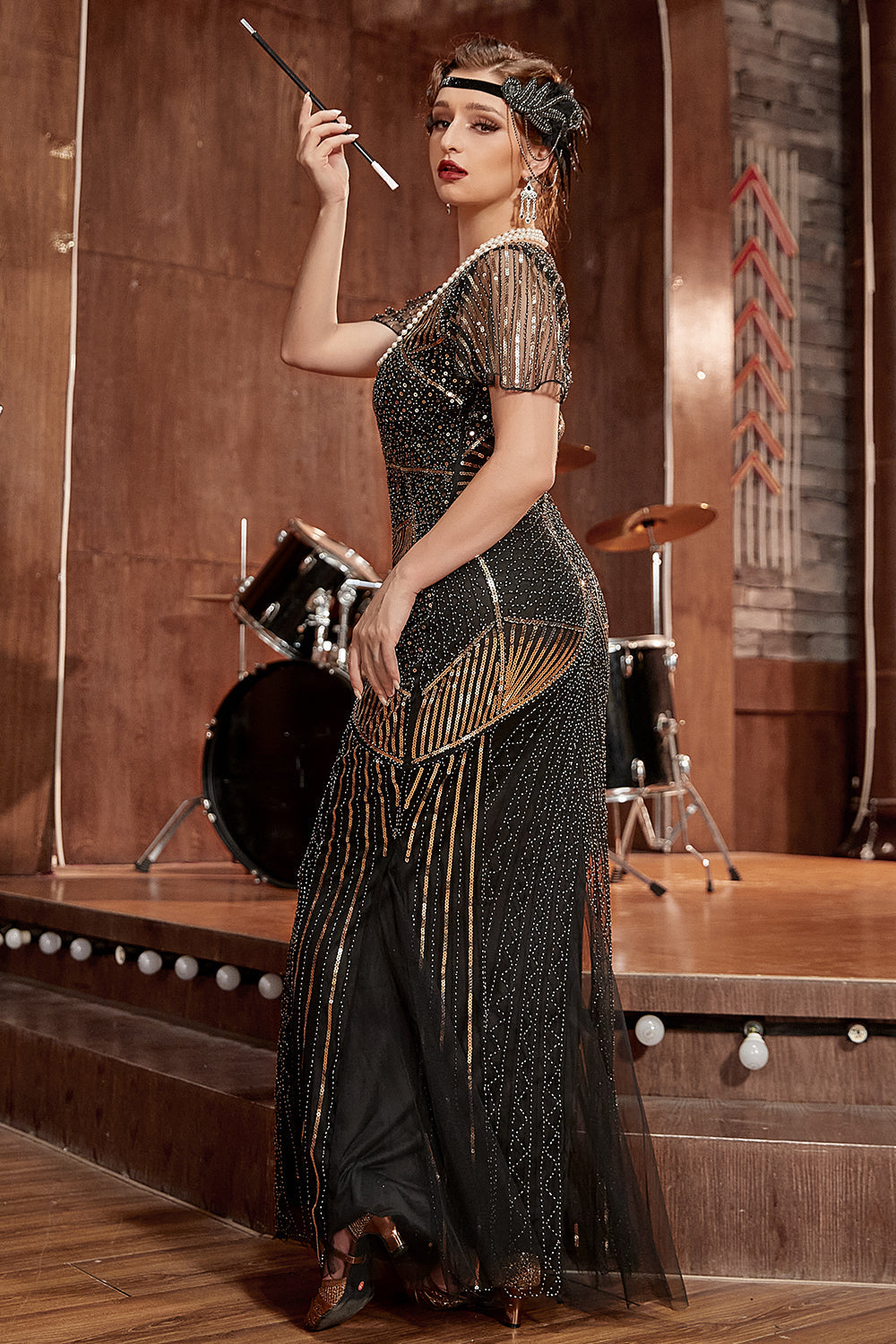 Femmes années 1920 Great Gatsby robe longue des années 20 robe à clapet  Vintage col en V paillettes perles Maxi robe de soirée maill Noir -  Cdiscount Prêt-à-Porter