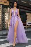 Magnifique une ligne dos nu cou gris violet Corset robe de bal avec des Appliques