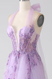 Gris violet A-ligne dos nu col perlé longue robe de bal