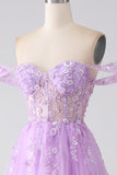 Robe de bal Corset perlé à épaules dénudées lilas A-Line Off The