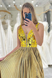 Glitter Golden Backless Long Mirror Prom Dress