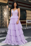 Violet princesse une ligne bretelles spaghetti Corset robe de bal avec volants Appliques