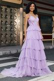 Violet princesse une ligne bretelles spaghetti Corset robe de bal avec volants Appliques