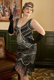 Noir Paillettes Franges Plus Taille 1920s Flapper Robe Flapper