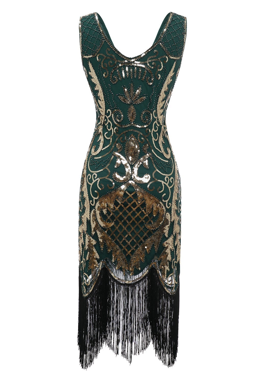 Robe Gatsby noire col V des années 20 avec paillettes colorées